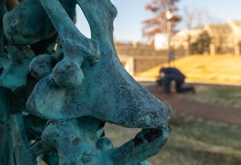 A closeup of Steve Tobin's Bonewall sculpture.