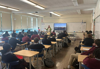 Cardinal O’Hara High School students listen to Erin Ryan, a prevention specialist for Saint Joseph’s University’s Prevention Academy, on Dec. 3, 2024.