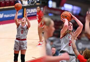 Split image of Talya Brugler on the left and Mackenzie Smith on the right, both on the court throwing the basketball