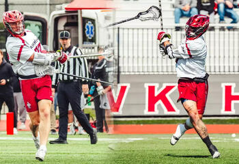 Side by side photo of Richie LaCalandra and Ben Dutton on the lacross field mid-game