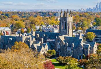 Aerial view of Saint Joseph's campus featuring Barbelin Hall in the fall