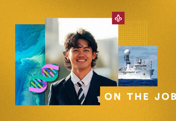 Collage of images including a student headshot, ship and ocean on a yellow background 