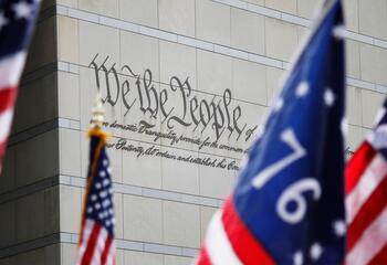 Flags in front of the Constitution Center in Philadelphia