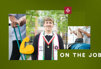 A man in graduation regalia with images of people exercising around him