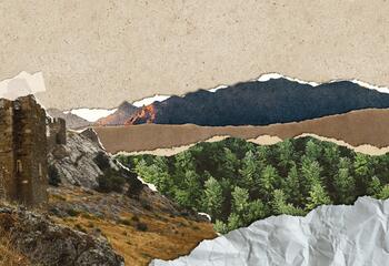 An illustration of mountains with ripped paper
