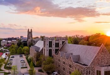 Aerial view of Mandeville Hall at sunset