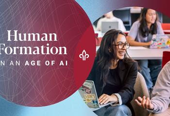 Text, Human Formation in an Age of AI, paired with image of students in a classroom