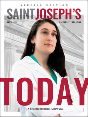 Magazine cover featuring a woman in a white coat