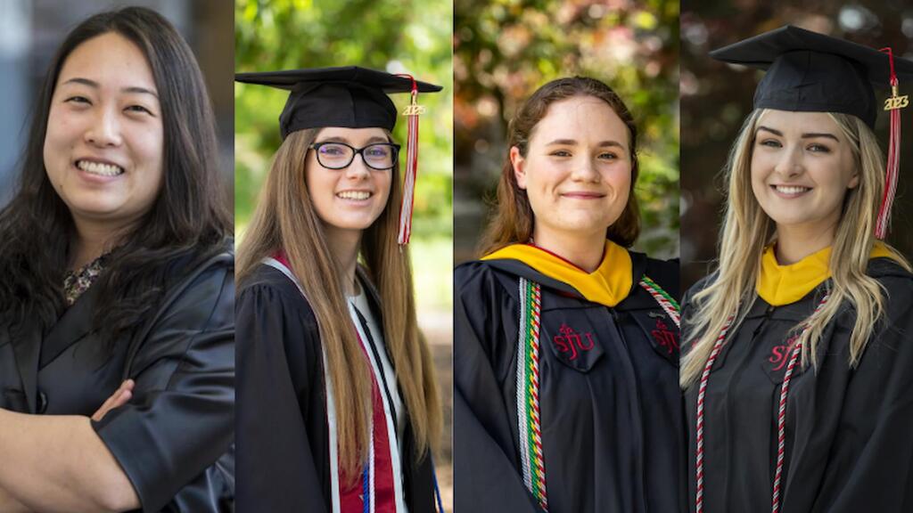 Headshots of Jennifer C. Tudor, PhD, Sierra Feeney, BS ’25, Jordan McCarthy, BS ’24 and Cecelia Petruconis, BS ’23 smiling a the camera.