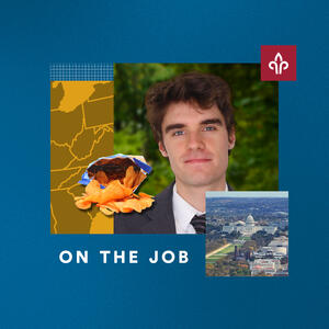 Aidian Murray, BA ’26 headshot with a picture of Capitol Hill