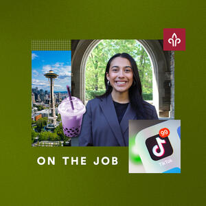 Eshika Attri, BS ’26 headshot with the TikTok logo and a boba tea