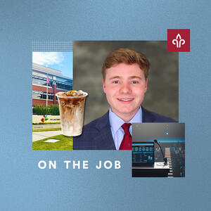 Jacob MacPherson, BS ’26 headshot with an iced coffee and a podium