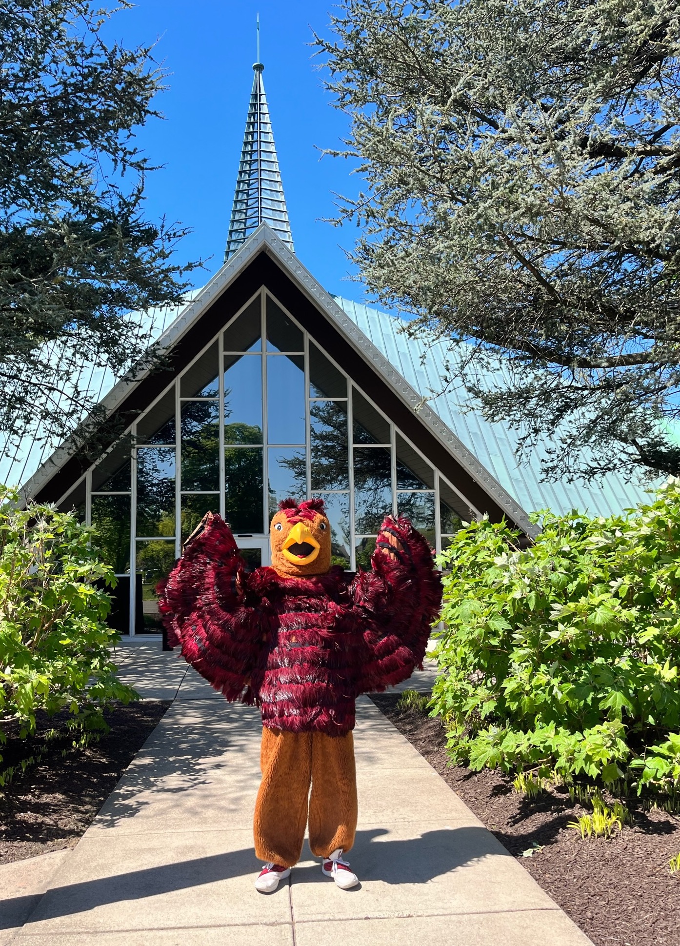 Hawk mascot in front of Cardinal Foley Center