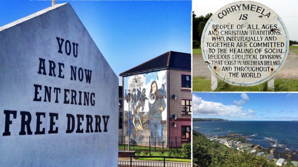 This is a slide of three images, one with a sign reading "You are now entering Free Derry", a second of a sign at Corrymeela reading their mission statement, and a third of the Ballycastle coastline.