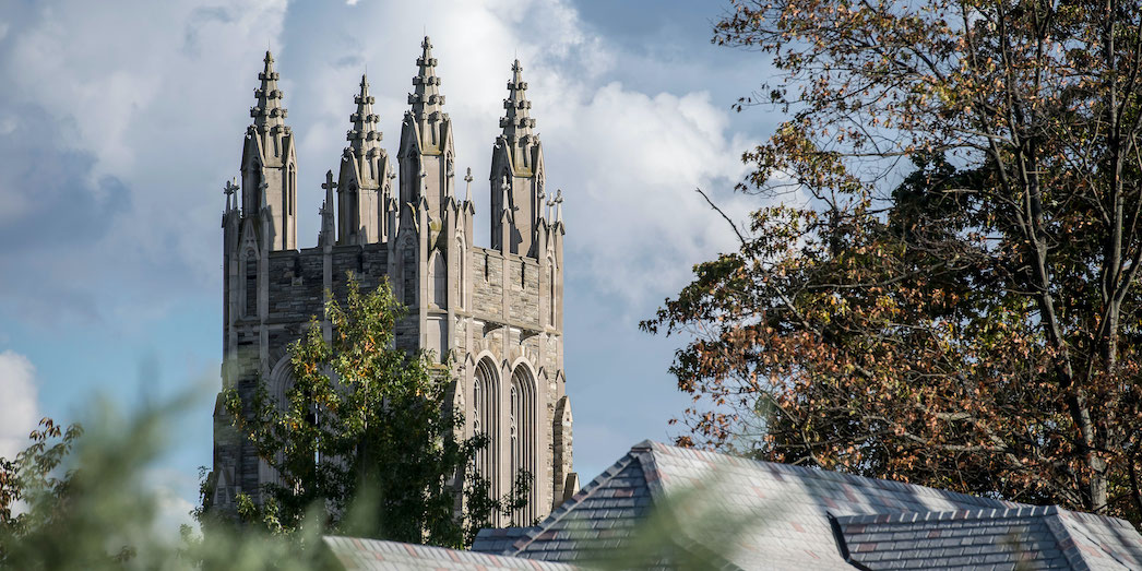 Aerial view of spires on campus building 