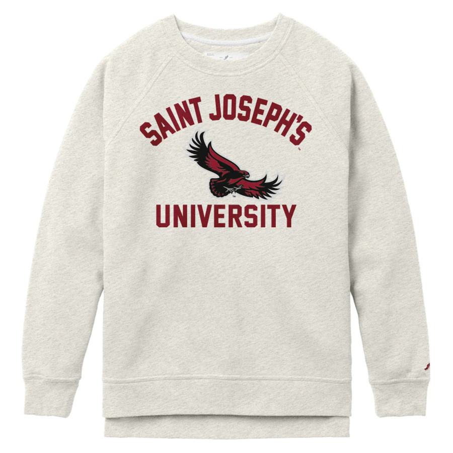 cream colored sweatshirt with the words "saint joseph's university" and a hawk logo