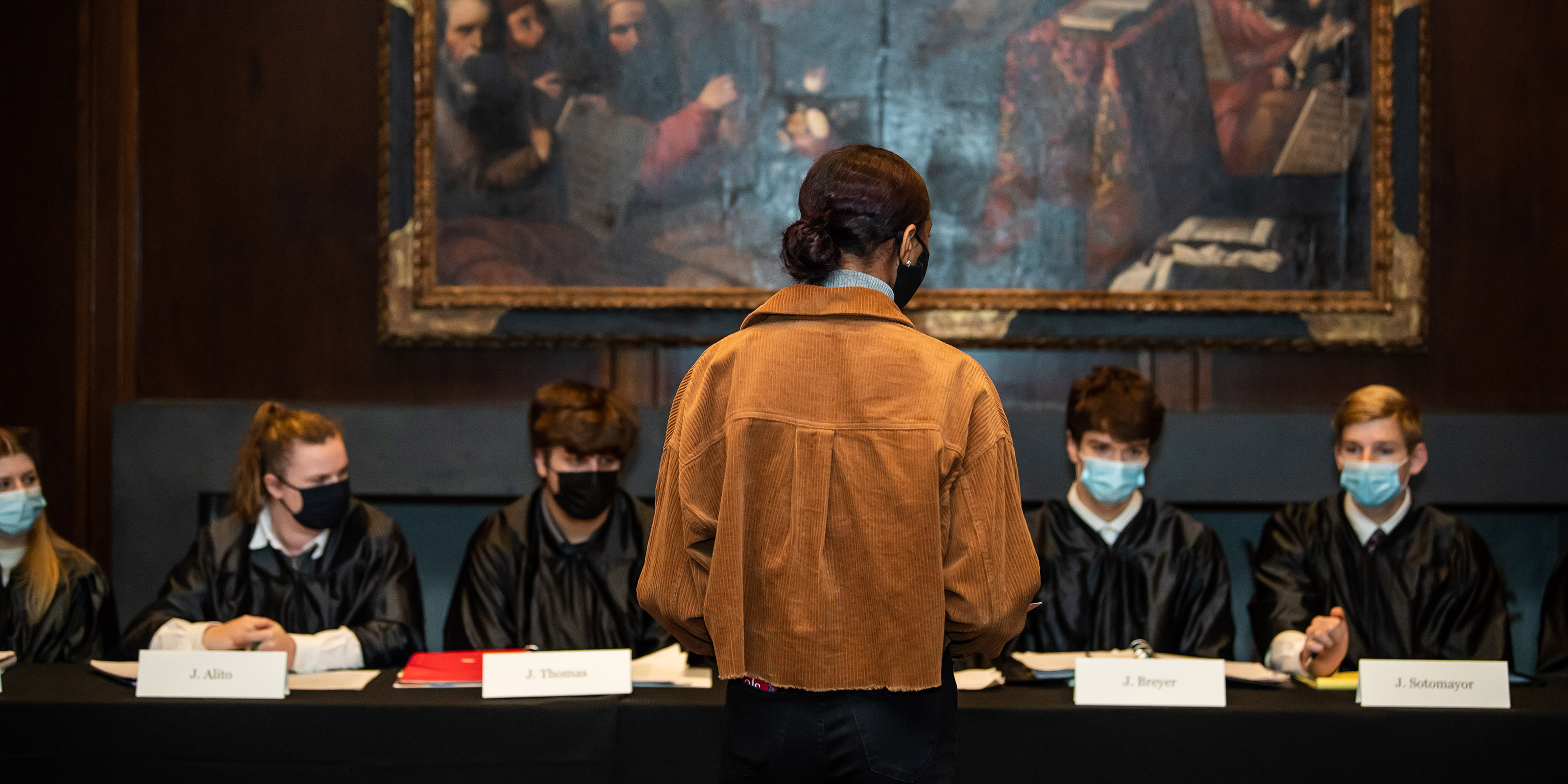 saint joseph's students during a mock court for a supreme court class.