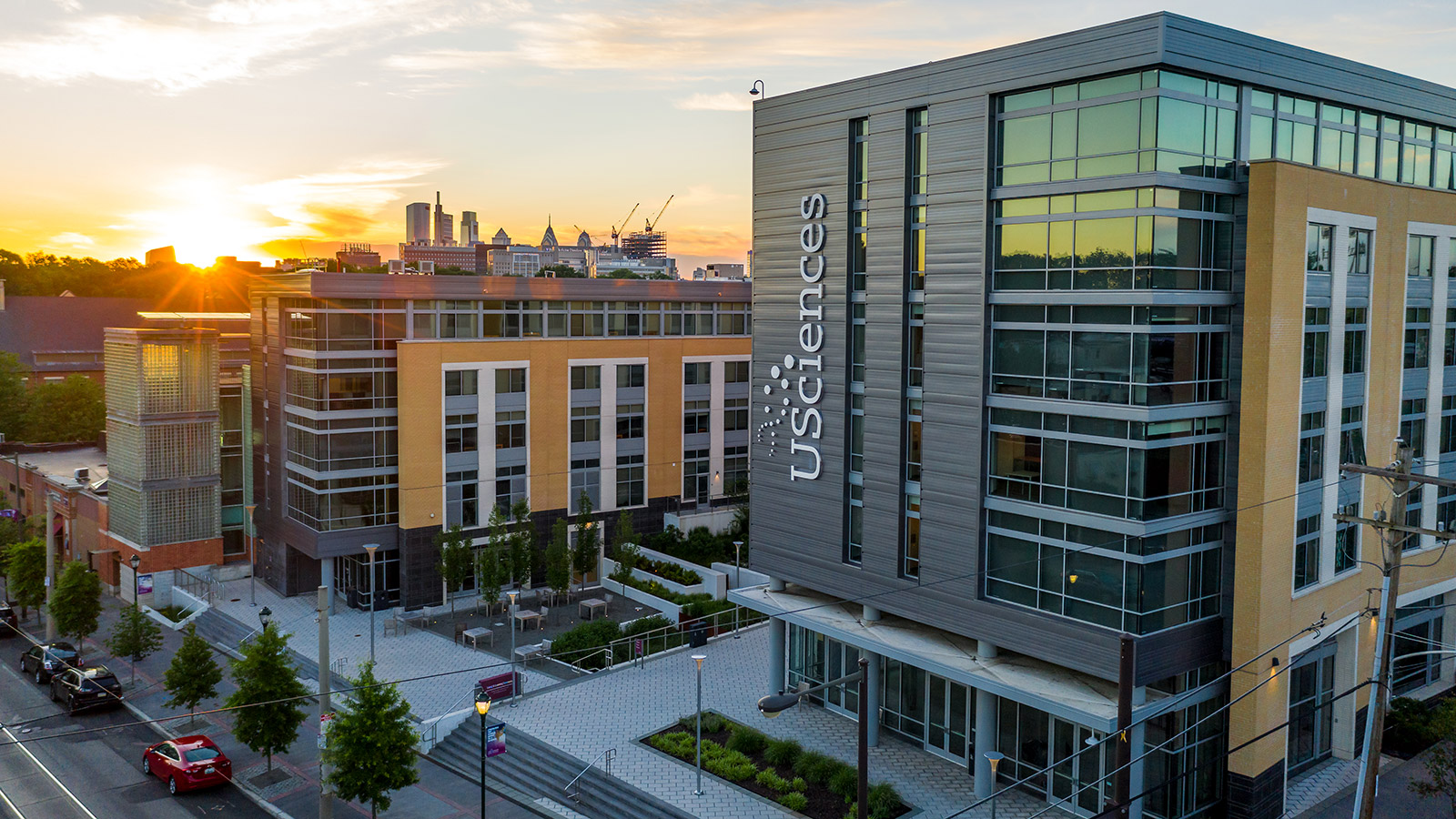 aerial shot of usciences' living and learning commons building in university city