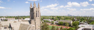 Aerial view of Saint Joseph's University campus with Philadelphia skyline in the background