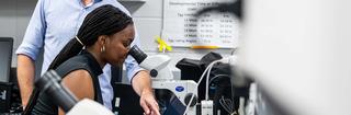 female saint joseph's university student looking through a microscope