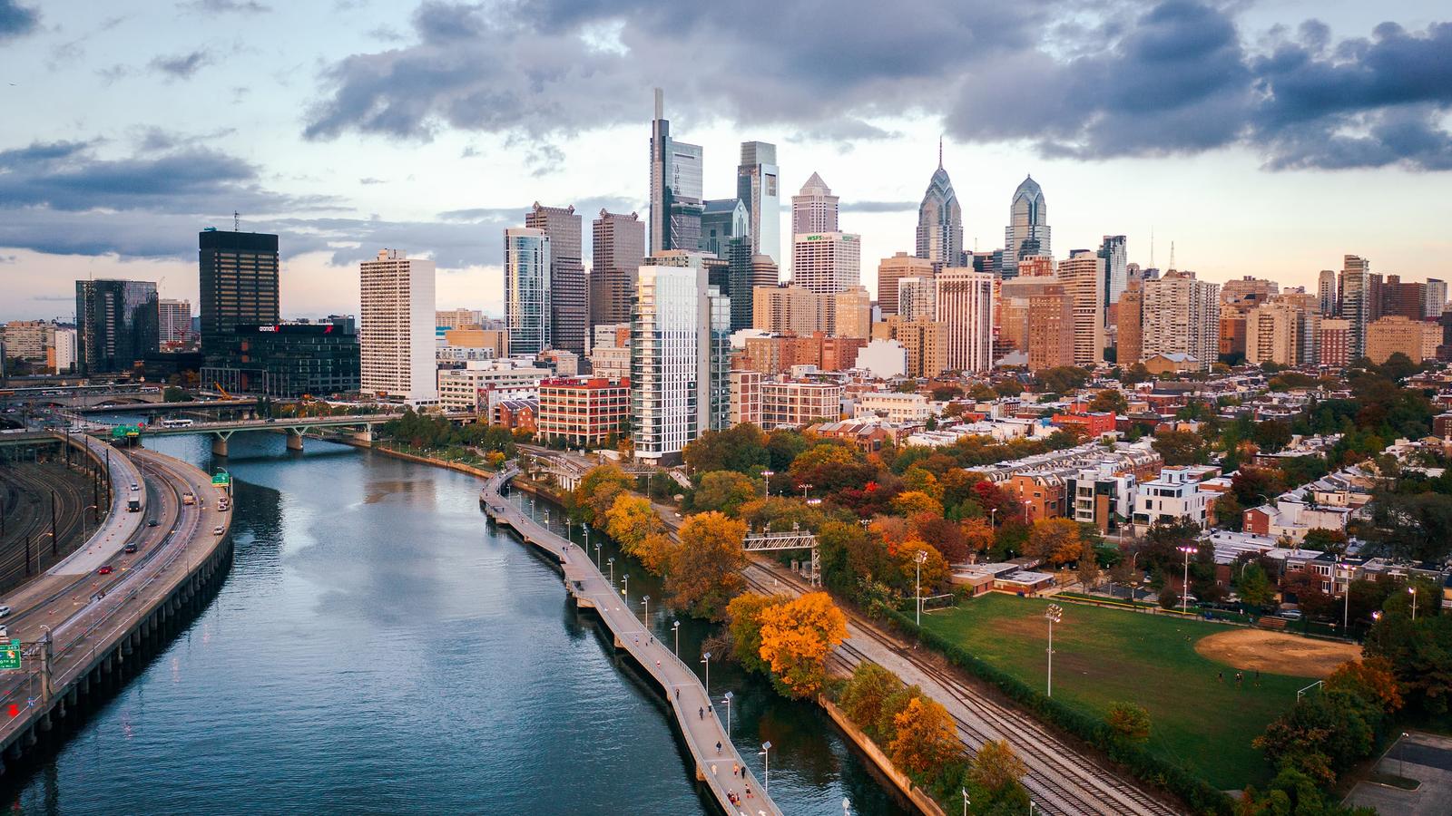 aerial shot of Philadelphia skyline
