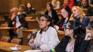 LEAD students Damaris Gimenez ’23 (left) and Daniella Campos ’23 (right) at a lecture by Pennsylvania Attorney General Josh Shapiro in October 2019.
