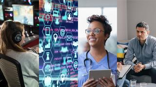 Collage of four images. Left to right: Female in esports lab, computer screen, female health care worker, male in therapy session