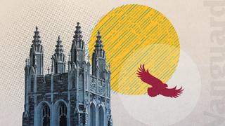 illustration of barbelin hall with a hawk symbol shadow