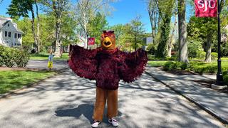 The Hawk mascot standing on Lapsley Lane.