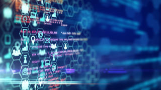 Creative digital blue business interface on blurry background. Innovation and science concept. 3D Rendering.