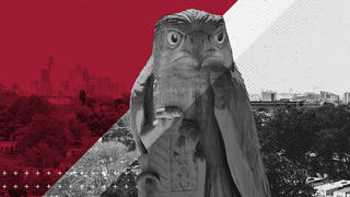 Saint Joseph's University Summer 2020 Magazine cover with the hawk statue with the Philadelphia skyline in the background