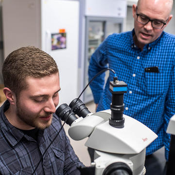 Professor instructs student looking through microscope