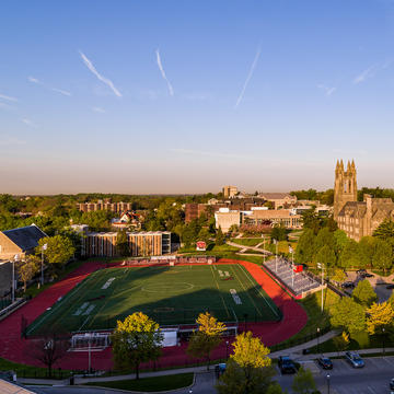 Aerial view of Saint Joseph's University campus with Sweeney field, Barbelin tower and Mandeville Hall.