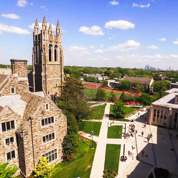 Saint Joseph's University campus with Philadelphia skyline in the background.
