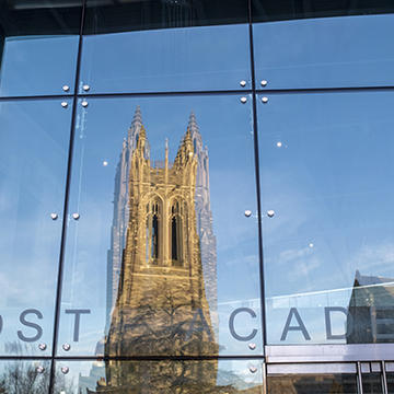 Barbelin Tower at Saint Joseph's University reflection in the Drexel Library window