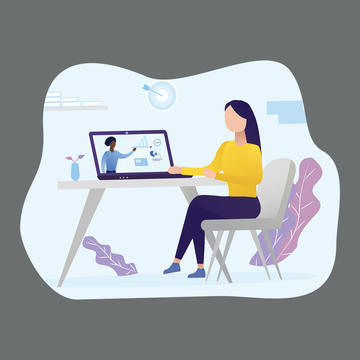illustration showcasing hybrid modalities of women at desk with computer at Saint Joseph's University.