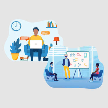 illustration showcasing hyflex modalities of students in the classroom and remote at Saint Joseph's University.