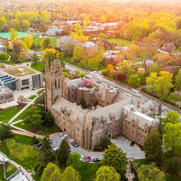 aerial shot of saint joseph's university barbelin hall, surrounded by trees