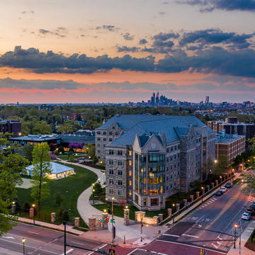 Viliger Hall Residence Hall on Saint Joseph's Campus with Philadelphia skyline in the background.