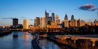 Philadelphia skyline near Saint Joseph's University