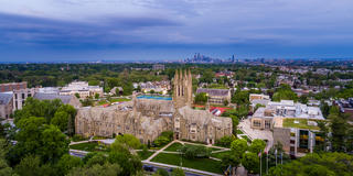 Saint Joseph's University campus with Philadelphia skyline in the background.