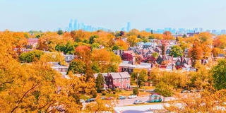 Fall treeline view of Philadelphia neighborhood near Saint Joseph's University looking at the Philadelphia skyline.