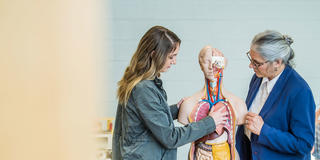 dr. sally kuykendall and a female saint joseph's university student looks at a human torso model