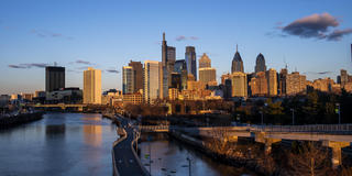 Philadelphia skyline near Saint Joseph's University