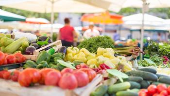 Farmers' food market stall with variety of organic vegetables