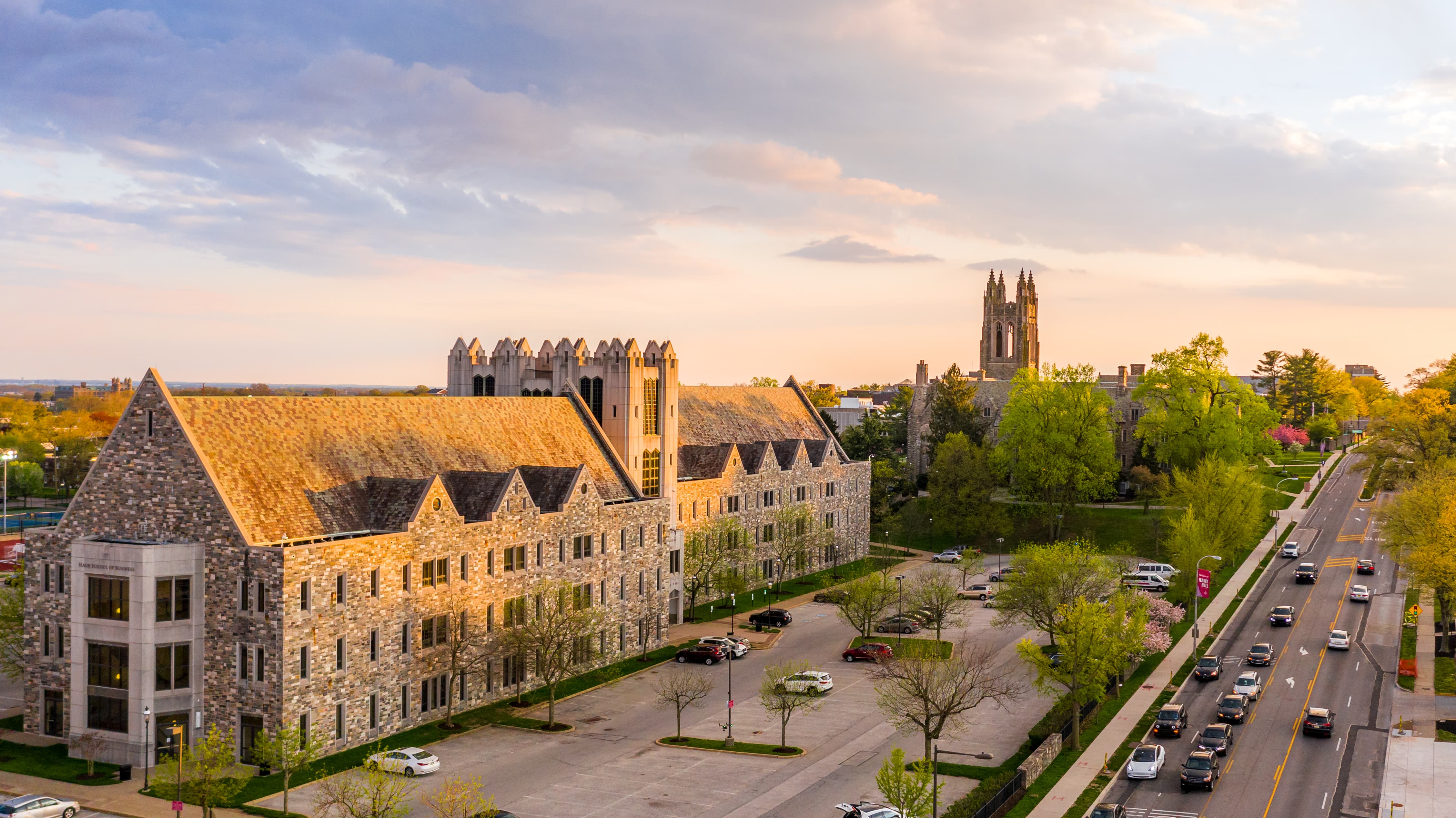 Aerial sunset view of Mandeville Hall looking down City Avenue