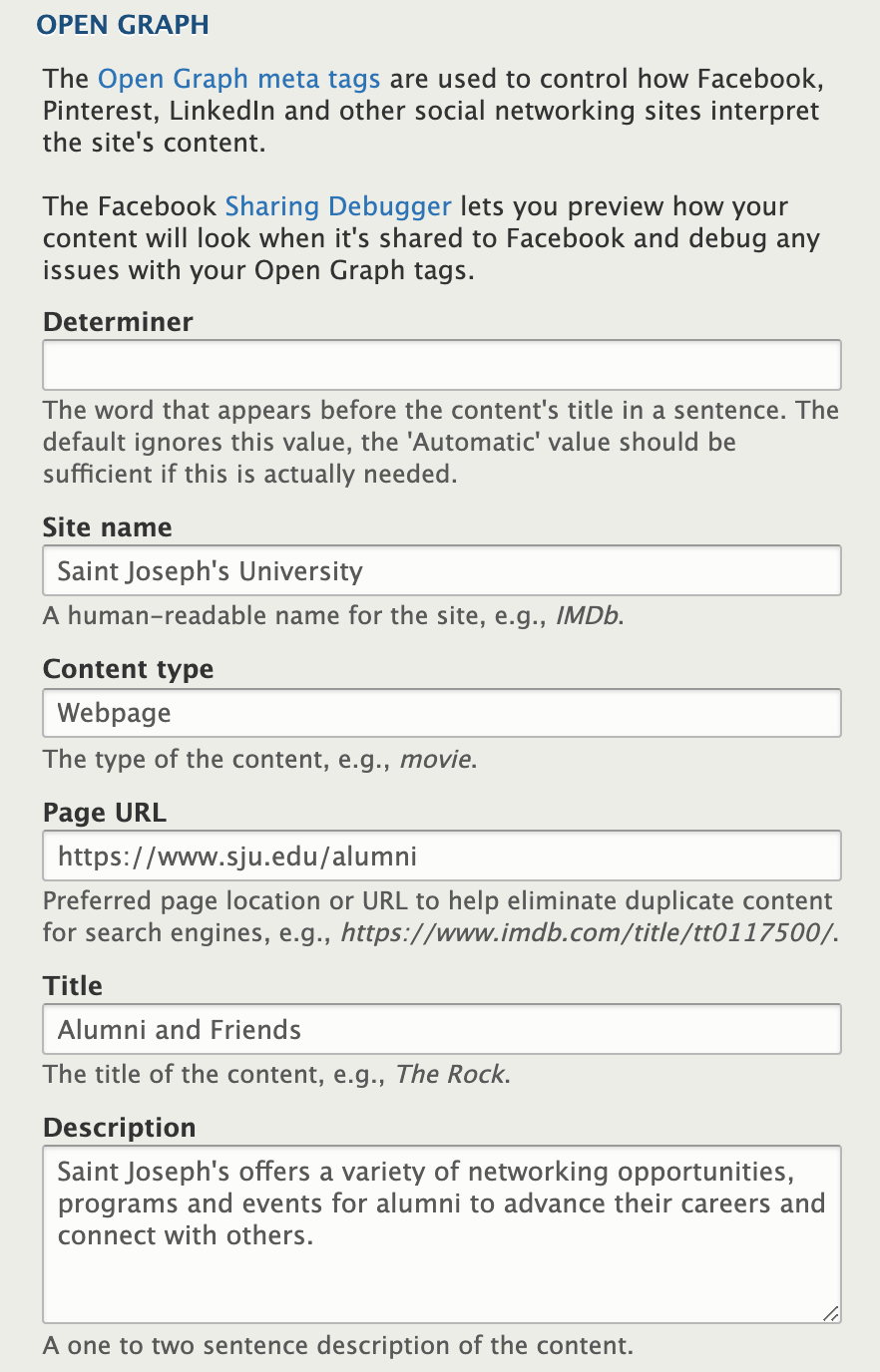 Screenshot of the field in Drupal that allows you to modify Open Graph tags of your webpage