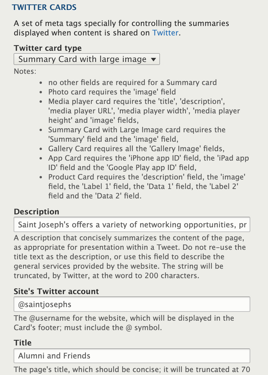 Screenshot of the field in Drupal that allows you to modify Twitter Card tags