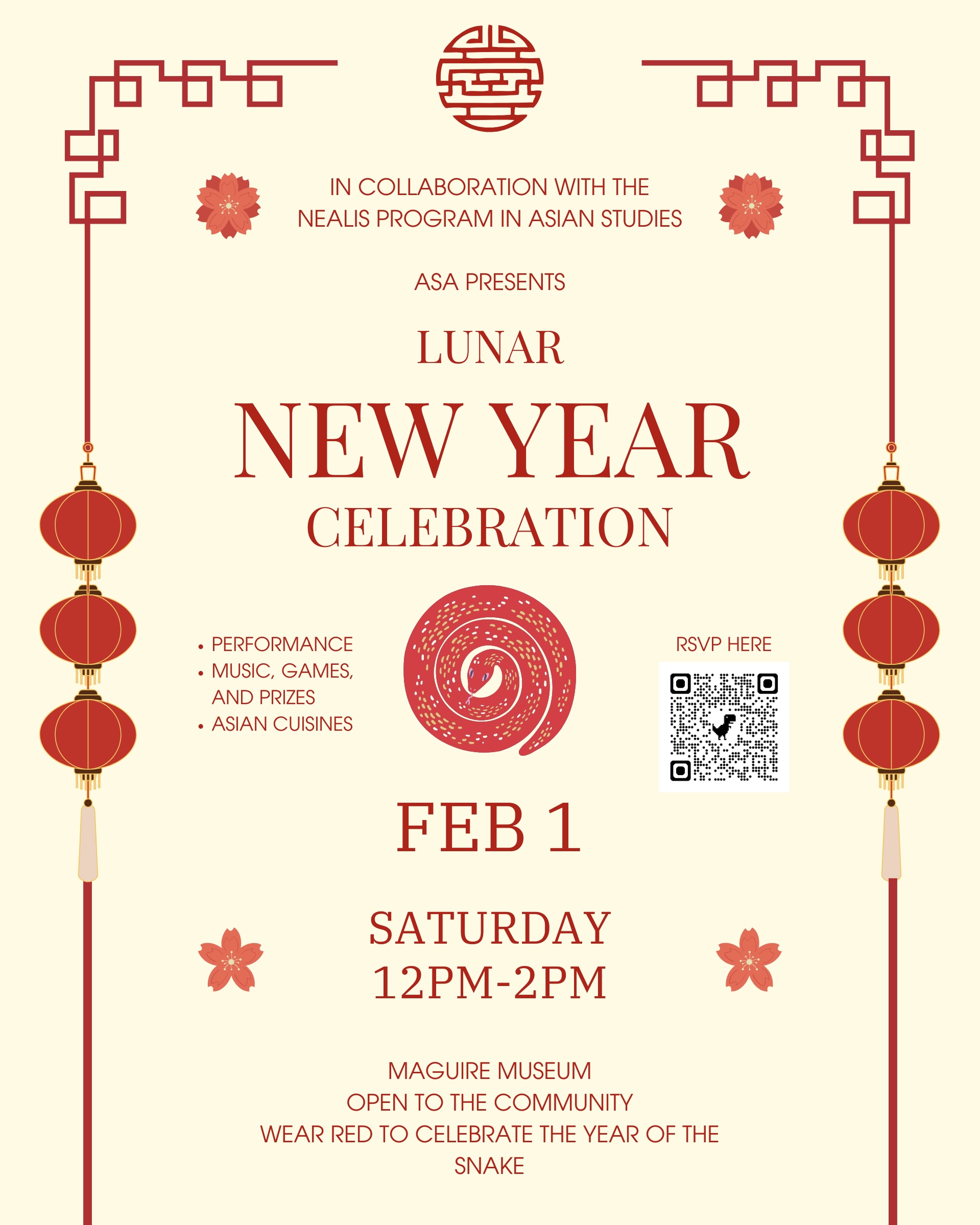 A flyer for Lunar New Year Celebration at the Maguire Art Museum on Feb 1. It is off white with red decorations.