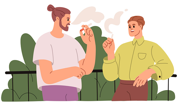 Illustration of two people talking outside while smoking
